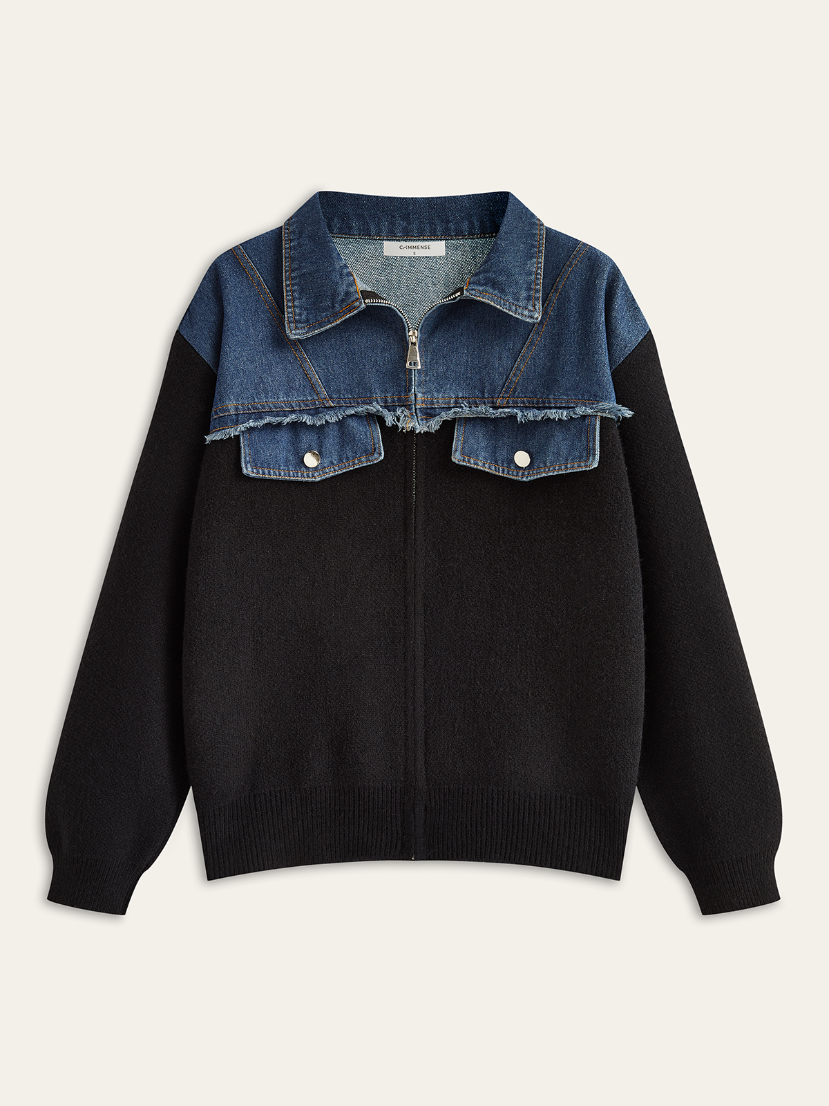 Denim Panel Zipper Cardigan