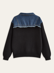 Denim Panel Zipper Cardigan