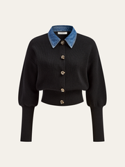 Wool Blend Denim Collar Puff Sleeve Cardigan