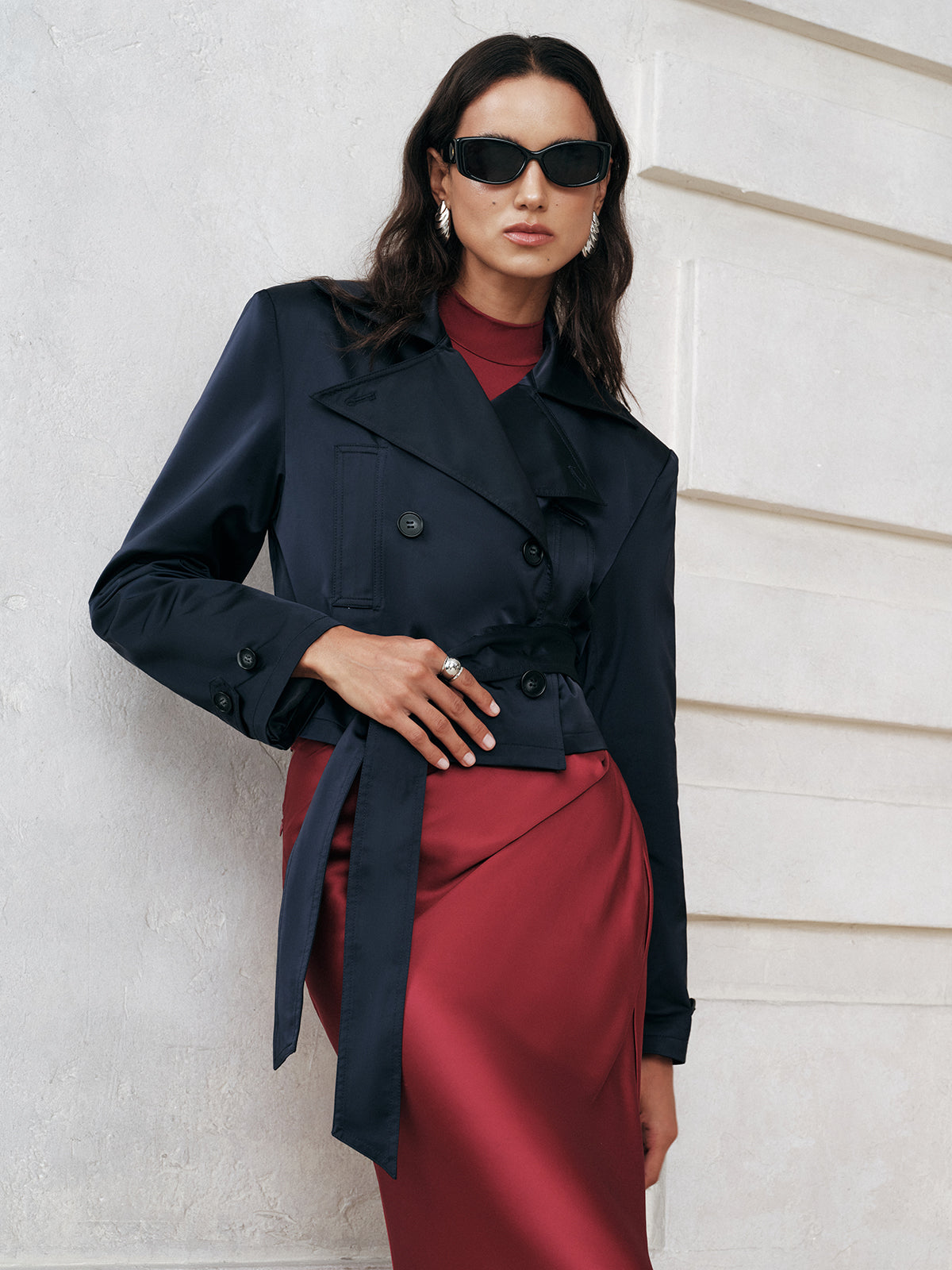 Belted Double-Breasted Cropped Trench Coat