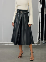 Belted PU Leather Maxi Skirt