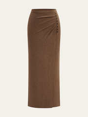 Ruched Side Button Wool Blend Sweater Skirt