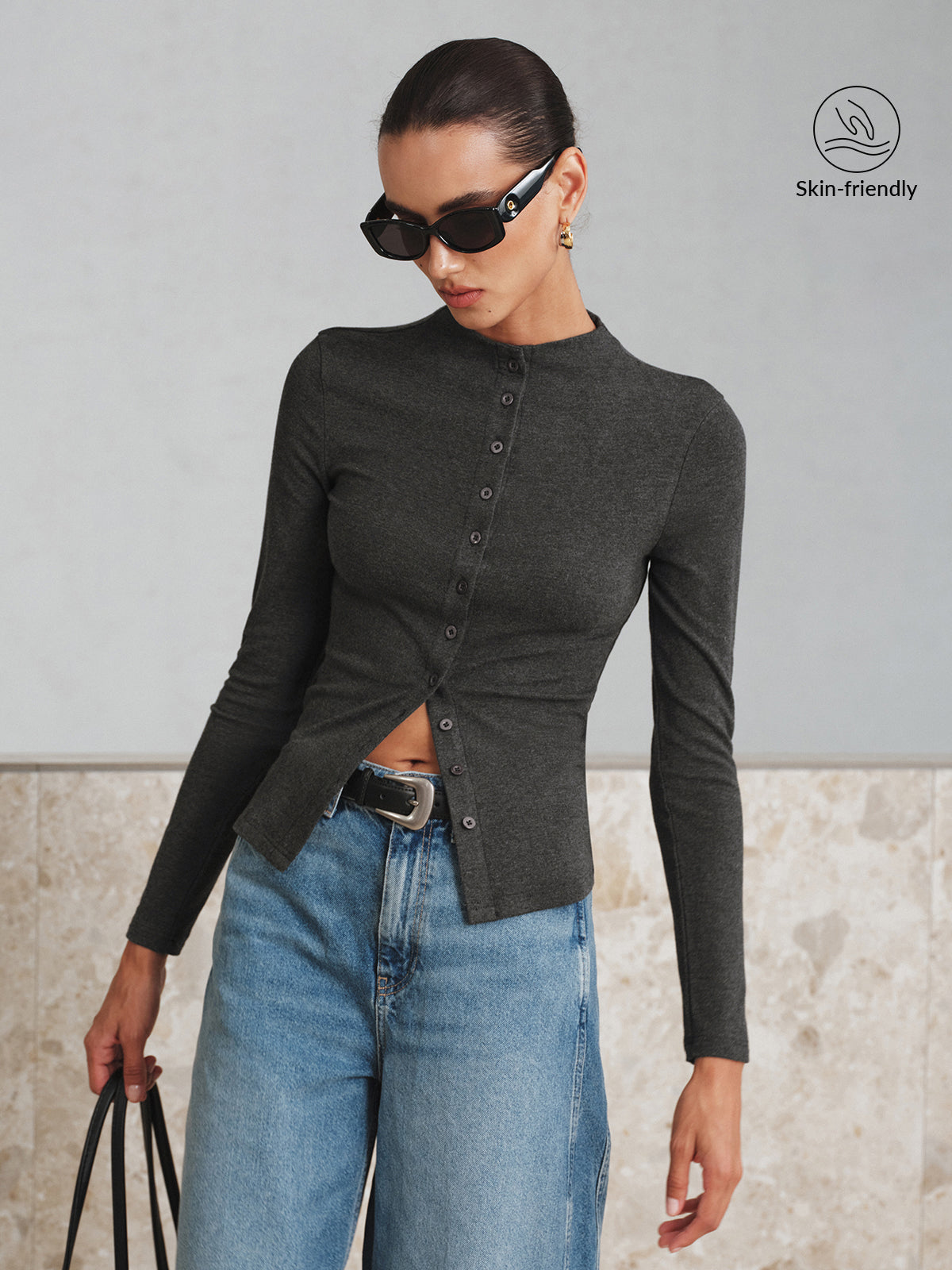 Mock Neck Button Long Sleeve T-Shirt