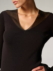 Sheer Paneled Bell Sleeve Knit Top