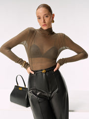 Wool Blend Fitted Sheer Turtleneck Knit Top