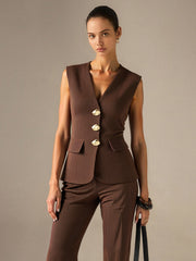 V-Neck Striped Metal Button Tank Top