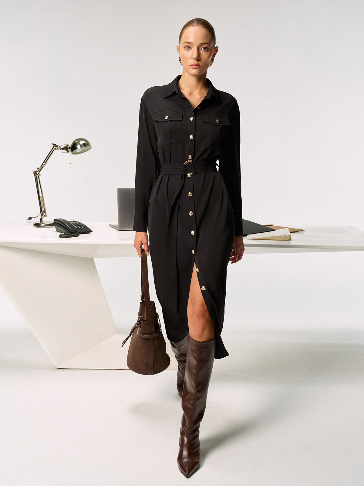 Metal Button-Front Belted Shirt Dress