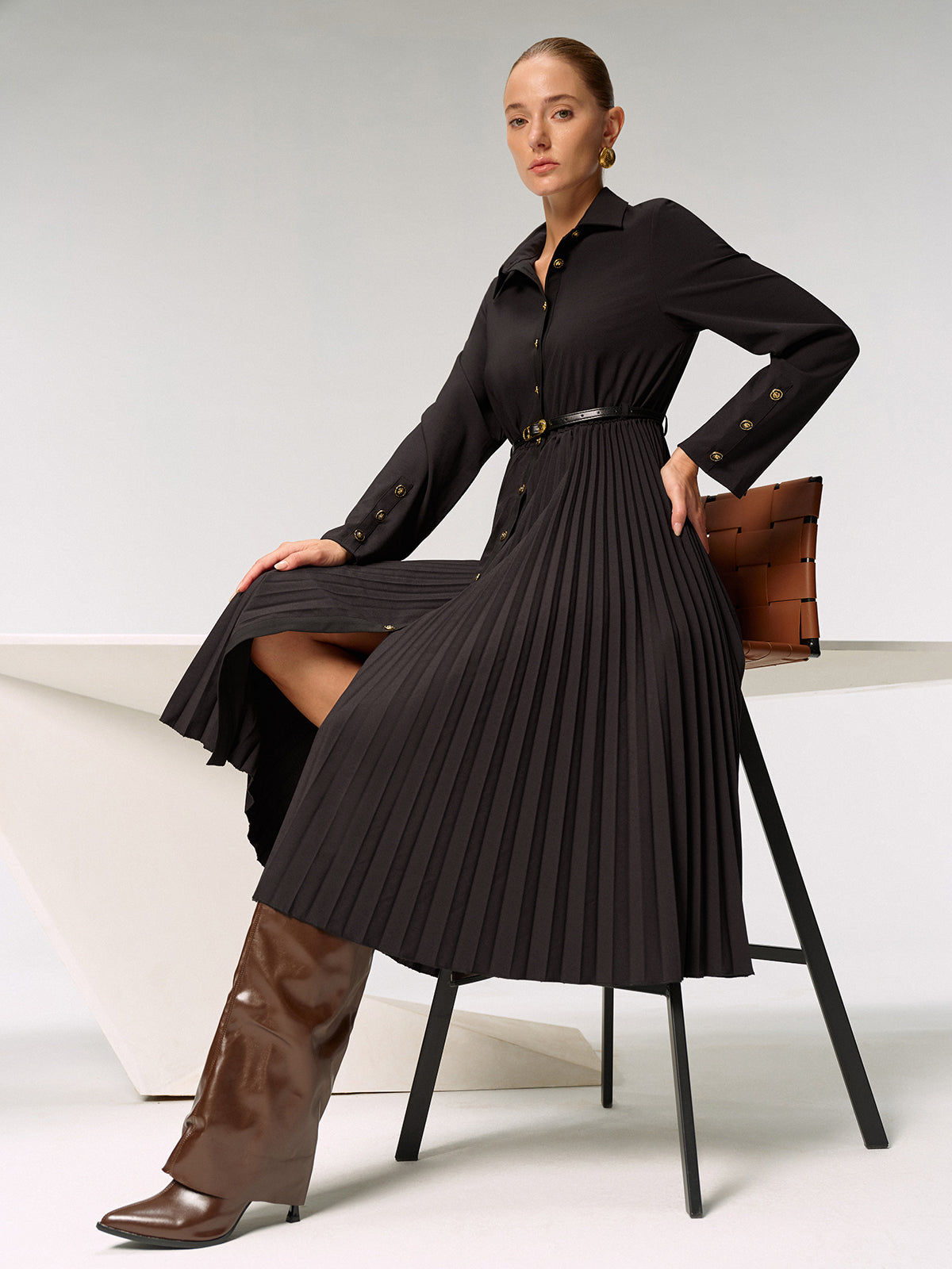 Metal Button Belted Pleated Shirt Dress