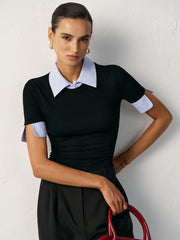 2 in 1 Paneled Collar And Cuffs Fitted T-Shirt