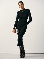 Textured Pearl Wool Blend Fitted Sweater Dress