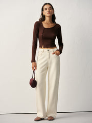 Asymmetric Button Detail Ribbed T-Shirt