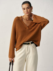 Wool Blend Polo Collar V-Neck Sweater