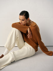 Wool Blend Polo Collar V-Neck Sweater