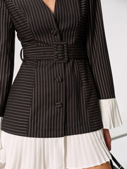 Contrast Pleated Panel Pinstriped Belted Blazer Dress