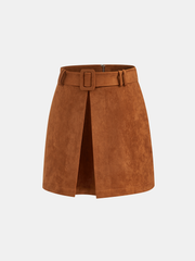 Suede Effect Belted Split Mini Skirt