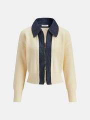 Denim Panel Zip Knitted Cardigan