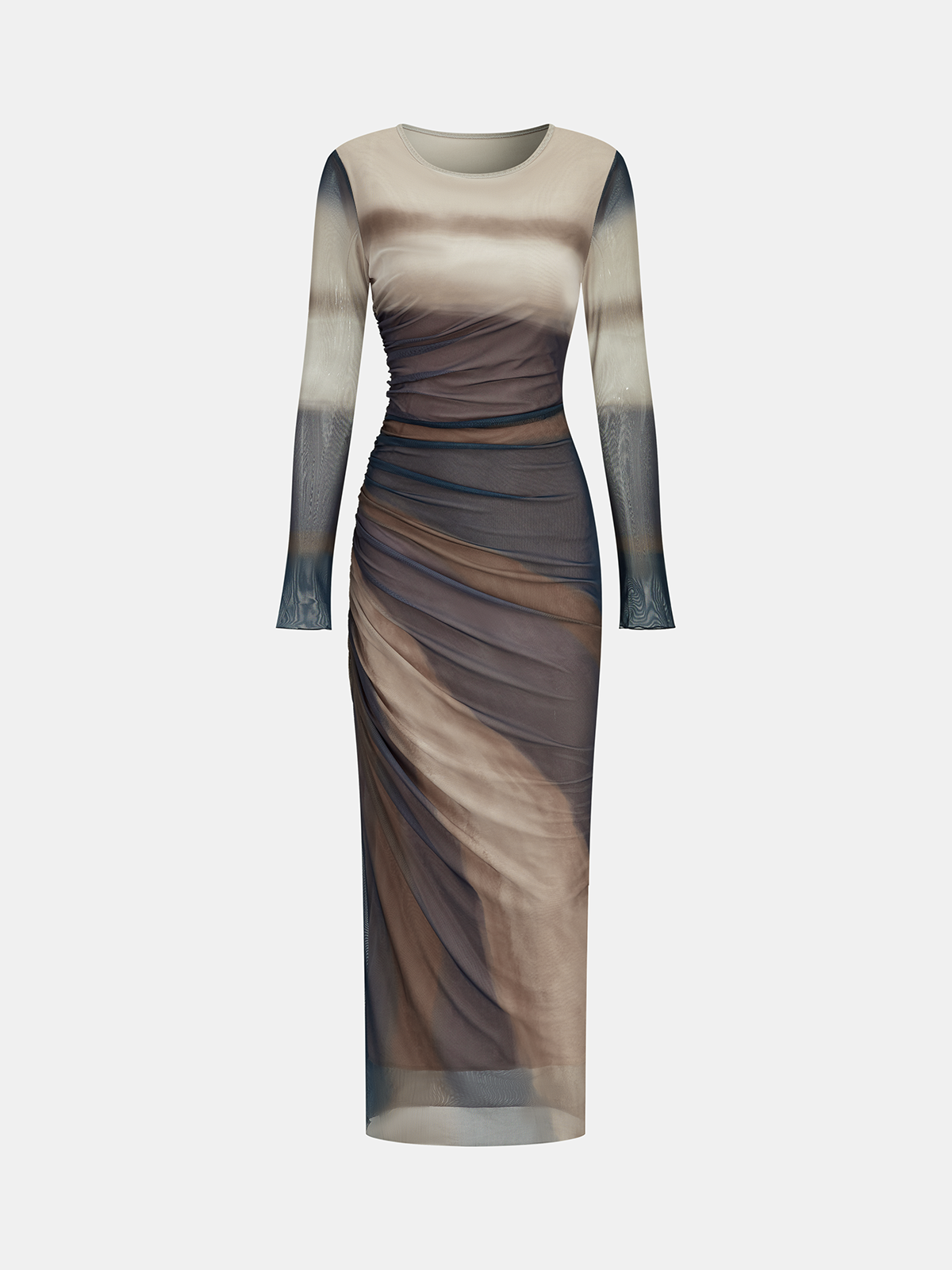Ombre Long Sleeve Ruched Mesh Maxi Dress