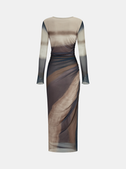 Ombre Long Sleeve Ruched Mesh Maxi Dress
