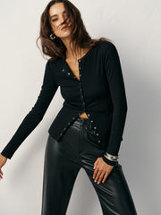 Button-Front Fitted Ribbed T-Shirt