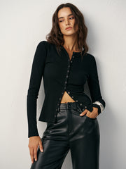 Button-Front Fitted Ribbed T-Shirt