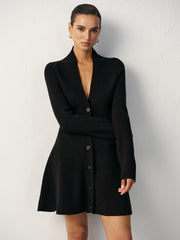 V-Neck Buttoned Wool Blend Sweater Dress