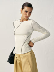 Contrast Piping Ribbed Knit Top
