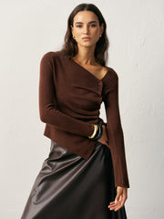 Wool Blend Asymmetric Ruched Side-Button Cardigan