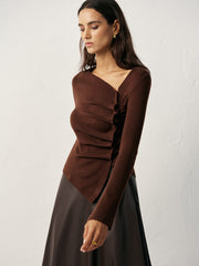 Wool Blend Asymmetric Ruched Side-Button Cardigan