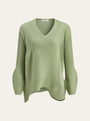 V-Neck Textured Asymmetric Hem Knit Sweater