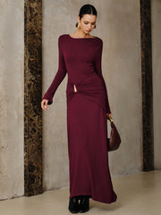 Metal Buckle Long Sleeve Ruched Maxi Dress