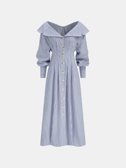 Off-Shoulder Striped Button Front Collared Dress