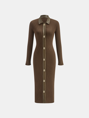 Shirt Collar Faux Leather Panel Ribbed Midi Dress
