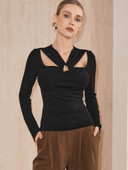 Cross-Over Front Metal Detail Long Sleeve Top