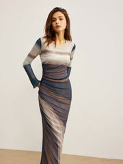 Ombre Long Sleeve Ruched Mesh Maxi Dress