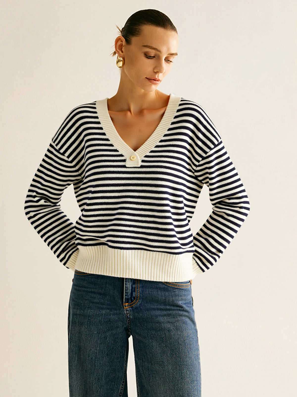 Striped V-Neck Buttoned Wool Blend Sweater