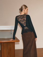 Sheer Lace Back Long Sleeve T-Shirt