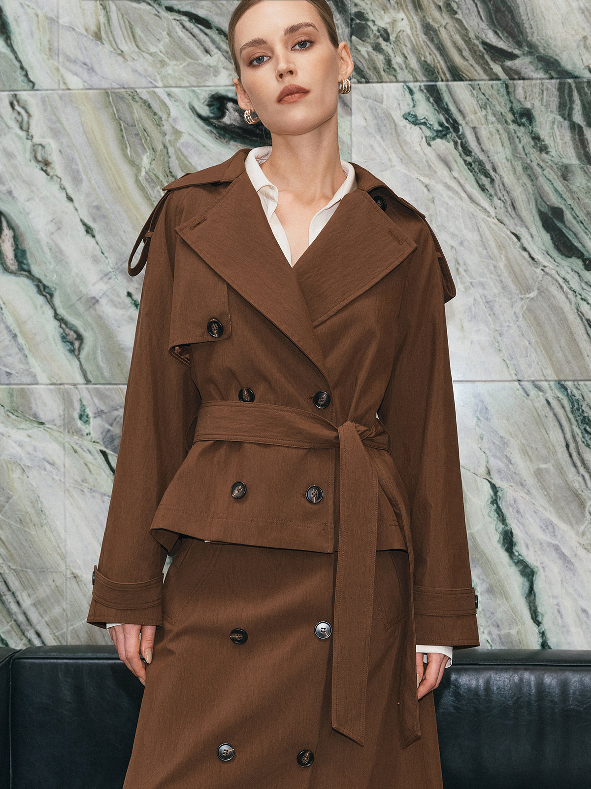 Cropped Double-Breasted Belted Trench Coat