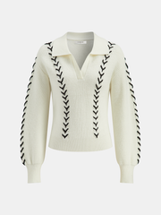 Contrast Stitching Polo Neck Cable Knit Top