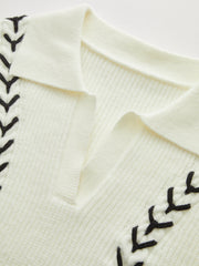 Contrast Stitching Polo Neck Cable Knit Top