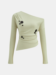 Sequin Flower One-Shoulder Knit Top and Skirt Set