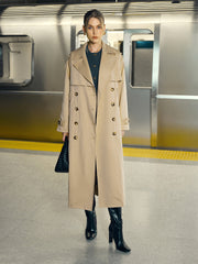 Cotton-Blend Double-Breasted Belted Long Trench Coat