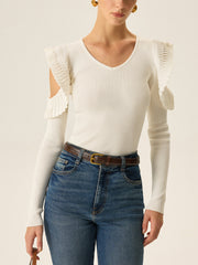 Cold Shoulder Ruffle V-Neck Knit Top
