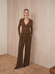 Wrap-Front Ruched V-Neck Collared T-Shirt