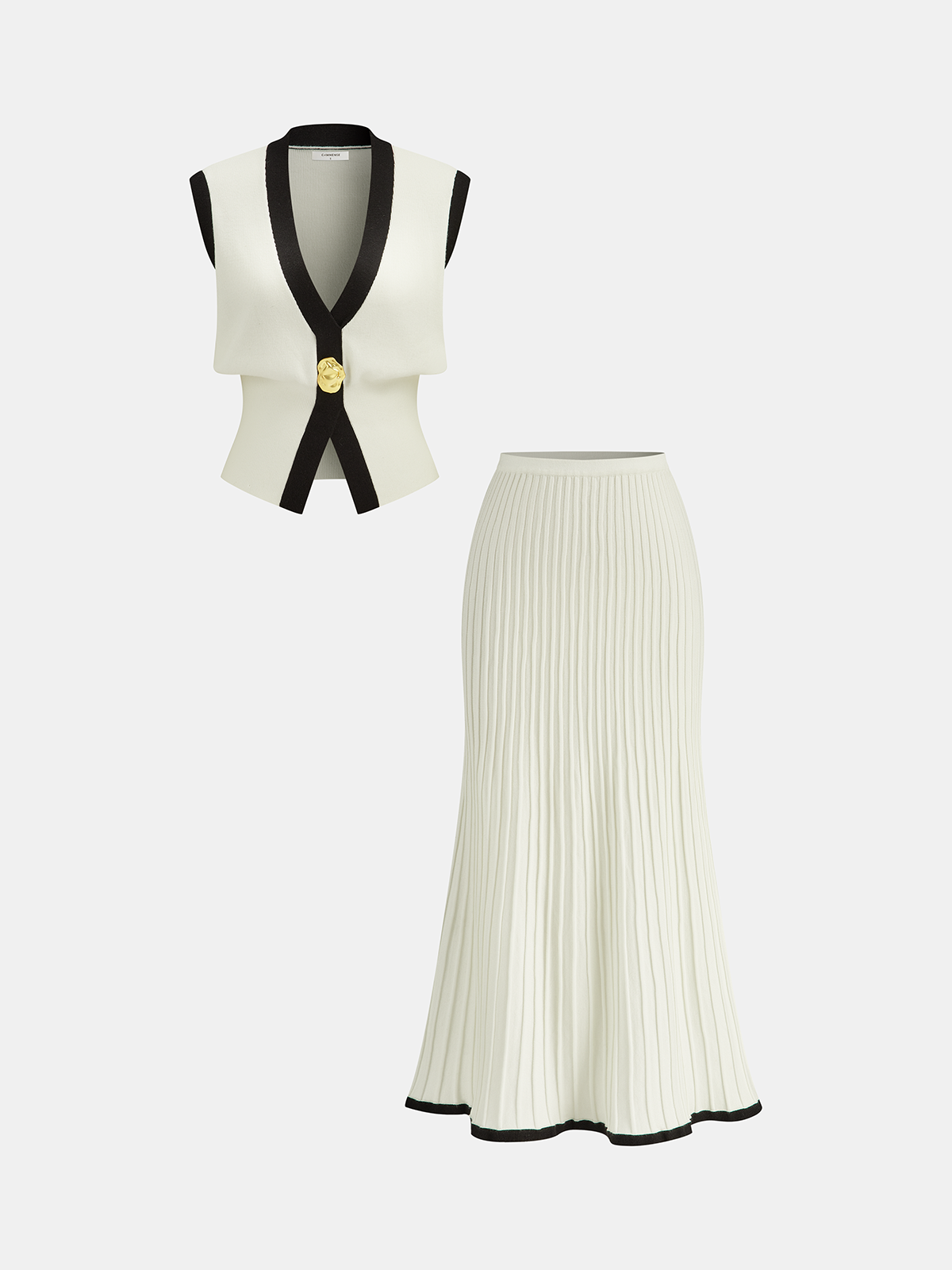 Contrast Trim Knit Vest and Midi Skirt Set