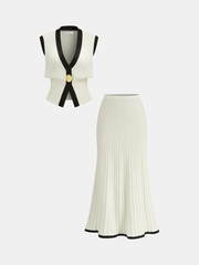 Contrast Trim Knit Vest and Midi Skirt Set
