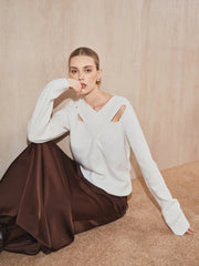 Cross-Over Collar Cut-Out Knit Sweater
