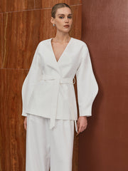 Belted Lantern Sleeve Blazer