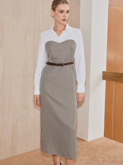 2 in 1 Shirt Plaid Panel Midi Dress with Belt