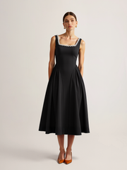 Sleeveless Square Neck Diamond Trim Flare Dress