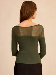 Sheer-Paneled Boat Neck Knit Top
